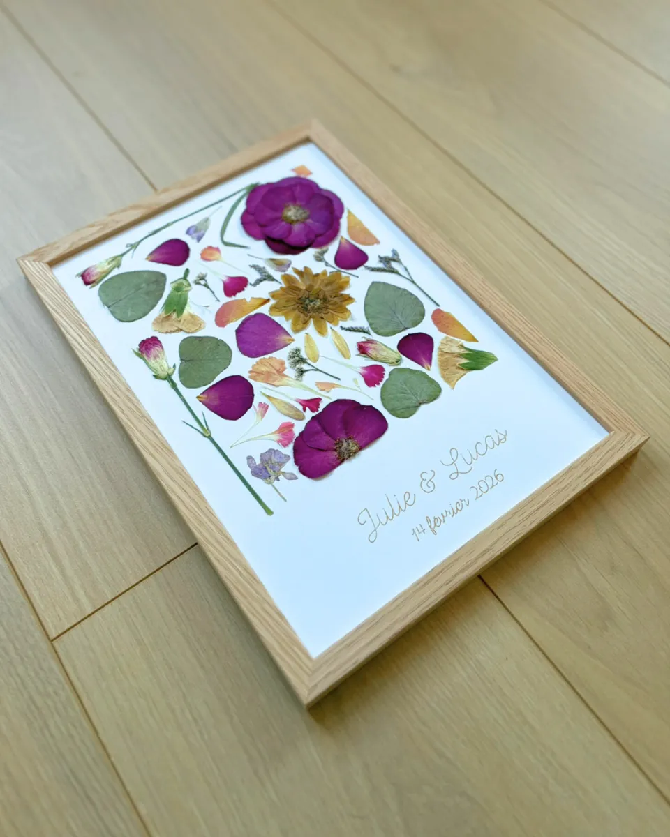 Cadre en bois avec des fleurs séchées composant un motif, incluant les noms Julie & Lucas et la date 14 février 2026.