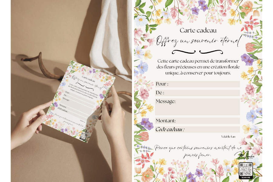 carte cadeau personnalisée pour préservation de bouquet de mariage. cadeau unique