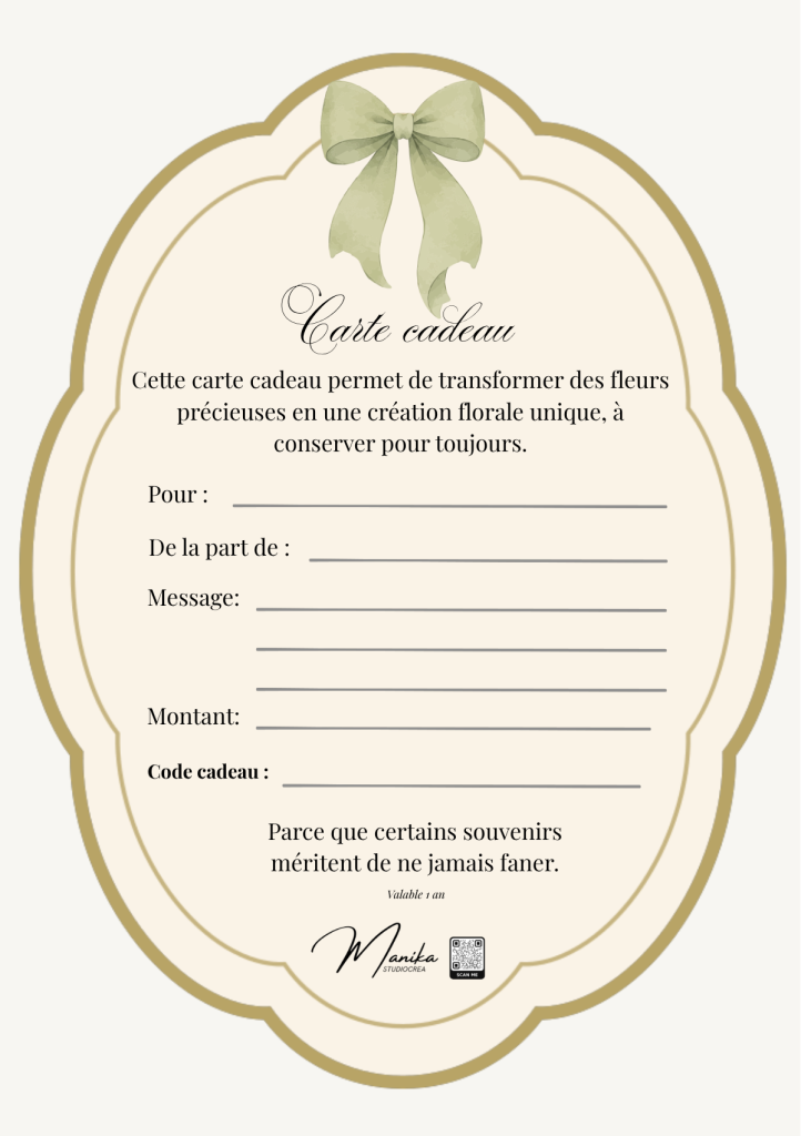 Carte cadeau Manika Studiocrea : un ruban vert et un cadre ovale doré, à offrir pour préserver un bouquet de fleurs