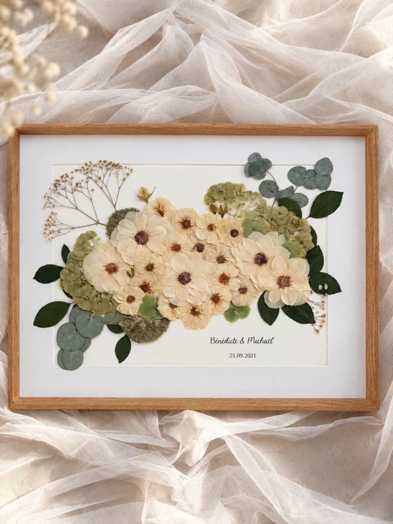 Herbier de mariage encadré en chêne : bouquet recréé de fleurs blanches, hortensias et eucalyptus pressés, avec prénoms et date du mariage