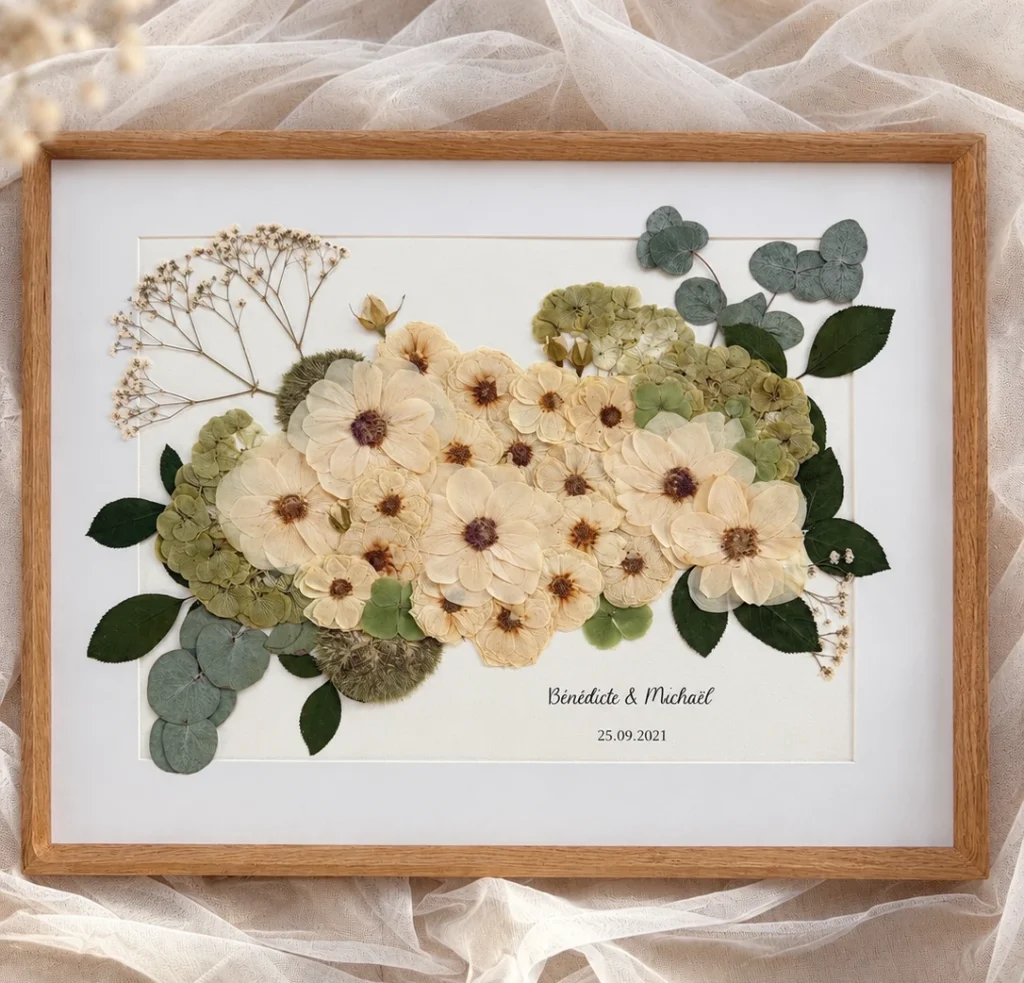 Herbier de mariage encadré en chêne clair : bouquet recréé de fleurs blanches, hortensias verts et eucalyptus pressés, avec les prénoms et la date du mariage